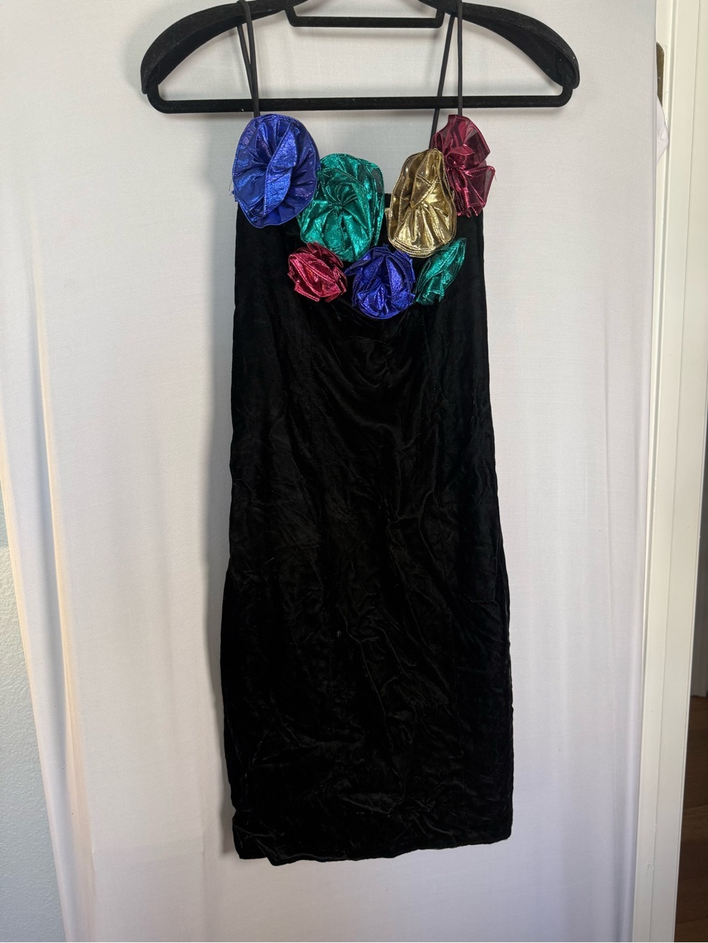 Jessica McClintock Black Midi Dress with Metallic Blue Green Gold Pink Rosettes